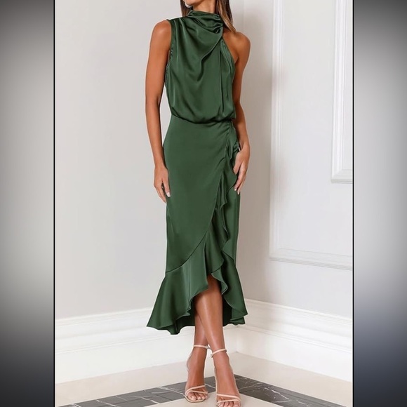 kirundo Dresses & Skirts - NWT KIRUNDO Women Satin Mock Neck Party Cocktail Midi Dress Wrap Ruffle size L